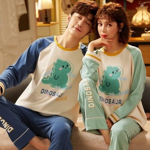 2020 Spring Autumn Couple Cute Cartoon Long Sleeve Cotton Pajama Sets For Women Sleepwear Suit Pyjamas Men Homewear Home Clothes