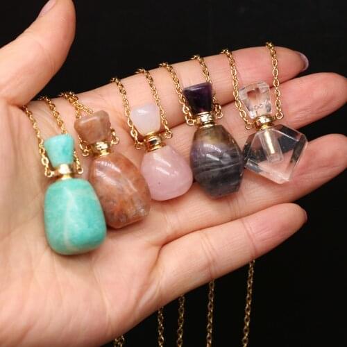 60cm Natural Stone Agates Crystal Perfume Bottle Clear Quartzs Amazonite Necklace Pendant Essential Oil Diffuser Jewelry Gift
