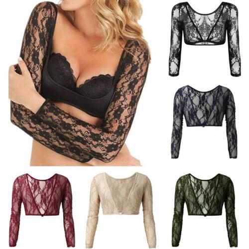Seamless Arm Shaper Sleevey Womens Sexy Lace V-neck Perspective Crop Tops S-3XL