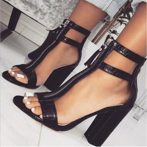 High Heels Sandals Women Pumps Ruffle Zipper Women Summer Shoes Fashion Black Square heel Zapatos Mujer