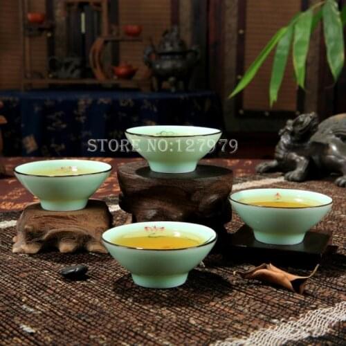 Longquan celadon teacup, Lotus cup, color carp, hand painted tea cup, Gongfu teaset, ceramic hat cups, 4 patterns / set