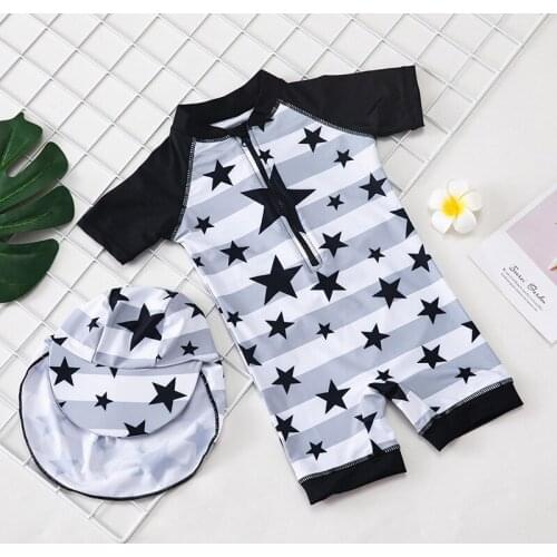 2021 Baby Boy Swimwear One Piece with Hat Childrens Casual Swimsuit with Stars Print Short Sleeve Swimming for Kid Bathing Suit