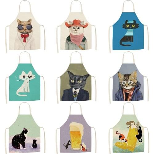 Women Kitchen Apron Cotton Linen Cute Cat Sleeveless Chef Cooking Aprons Kitchen Accessories 68X55CM