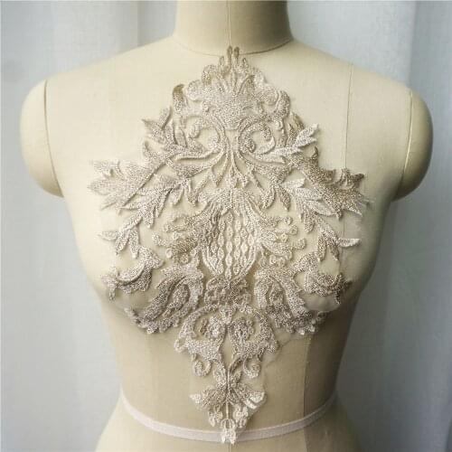 Gold Thread Lace Fabric Flora Embroidered Wedding Gown Appliques Baroque Collar Sew Patch For Dress DIY Decoration