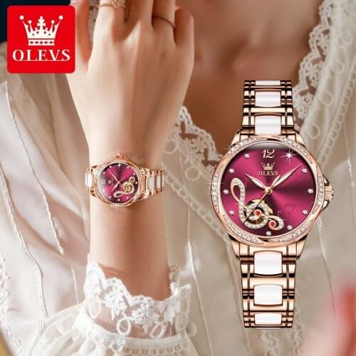 Ceramic automatic mechanical watch with diamonds and musical notes literally, ladies watch, waterproof female watch