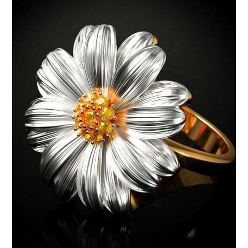 VAGZEB 925 Sterling Silver Sunflower Shape Finger Ring for Women Inlaid Orange CZ Romantic Dance Party Girl Ring Flower Jewelry