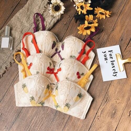 Fashion Lace Embroidered Bra Set Fruit Printed Lingeries Women Push Up Bra Panties Set