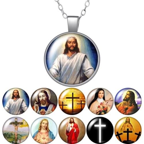 Fashion Jesus Blessed You Cross Faith Photo Pendant Necklace 25mm Glass Cabochon Women Girl Jewelry Party Birthday Gift 50cm
