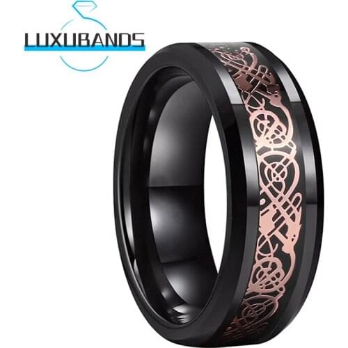 Men Women 8MM Tungsten Carbide Rings Beveled Edges Black Carbon-Fiber Rose Gold Dragon Inlay Polished Finish Comfort Fit