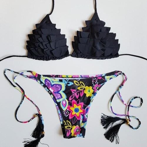 New Swimsuit Flower Top Female Swimwear Beach Women Bikini Set Tassel-Ties Floral Bottom Bathing Suits DK54