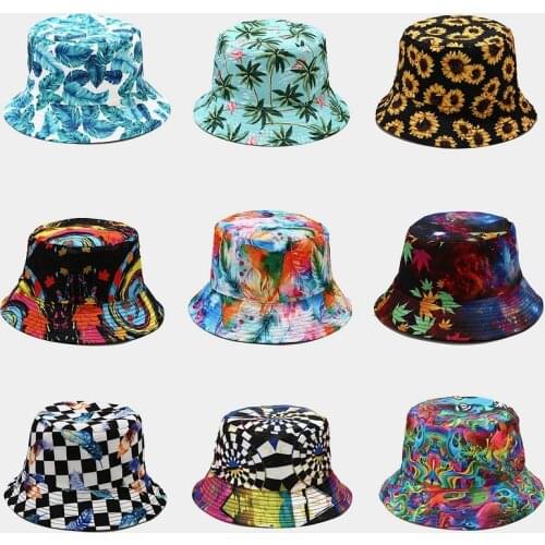 Printing Flowers Trees Leaves Bucket Hat Two Side Wear Colorful Fisherman Hat 2021 New Spring Summer Autumn Hat