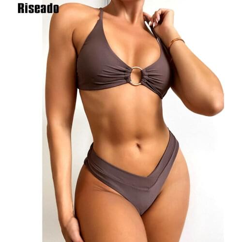 Riseado Brown Bikinis 2021 Push Up Swimsuits Women Swimwear Ring Bathing Suits High Cut Biquini Thong Solid Sexy Bathing Suits