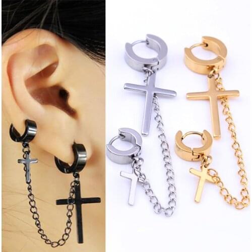 1 piece Punk Men/Women Metal Chain Double Cross Pendant Ear Buckle Earrings Hip Hop Gothic Jewelry Stainless Steel Earrings