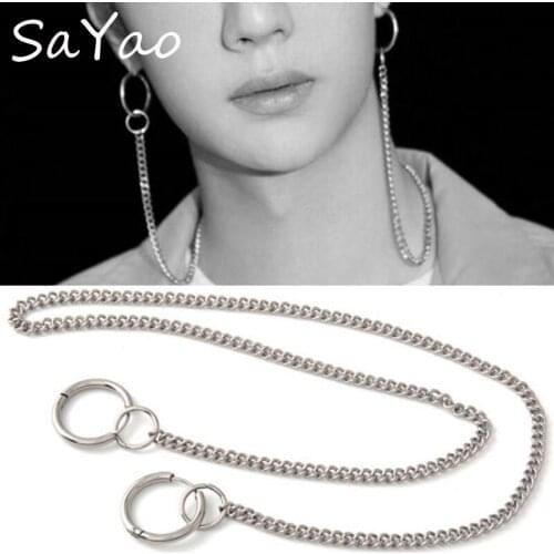SaYao 1 Pair Punk Stainless Steel Earring Long Chain Tassels Men Women Crosses Huggie Earrings Necklace Body Piercing Jewelry