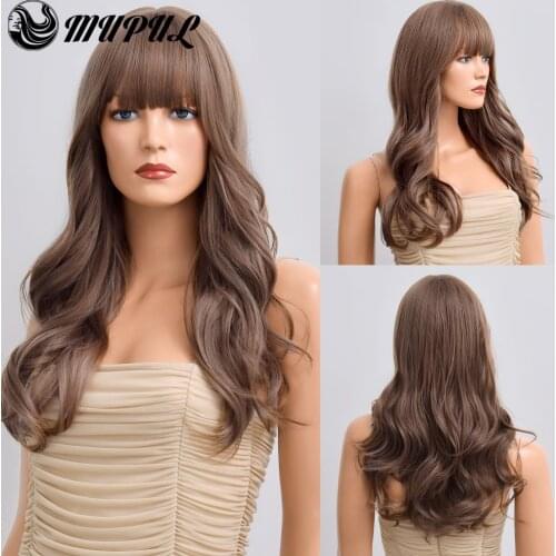 Long Brown Wave Daily Hair Synthetic Wig For White Women With Bangs Natural Cosplay Party Fiber Heat Resistant Female Wavy Wigs