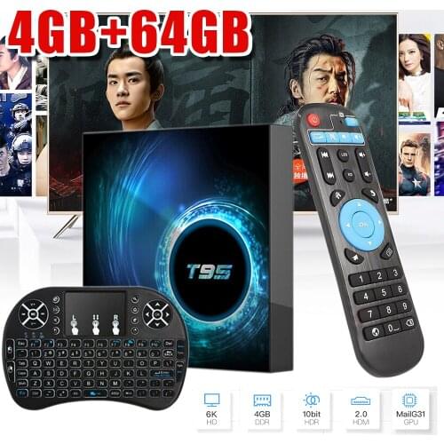 New T95 Android 10.0 4GB+64GB Smart TV BOX Quad Core WI-FI 3D Movies 6K HD Media Player with I8 Three Color Backlit Keyboard