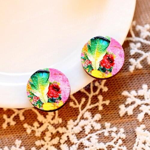 Unique 3D Flower Embossed 16mm Round Coloured Drawing pattern Laser Cut wood Cabochon DIY for Rings, Earring,Brooch,Necklace