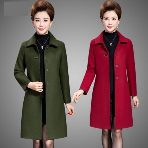 High quality Middle age clothing lapel Long sleeve Woolen long coat 2019 Autumn Winter New wool coats warm Womens coats 4XL 5XL