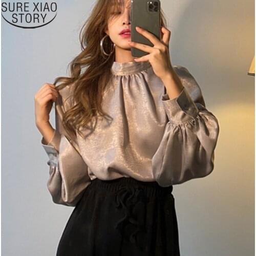 2021 Spring Puff Sleeve White Tops Korean Fashion Women Satin Blouse Long Sleeve Shirt Office Lady Blouses Blusas Elegant 12944