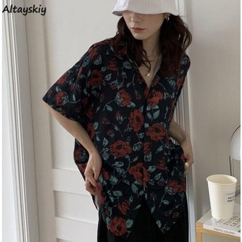 Shirts Women Retro Fashion Summer Print Turn-down Collar Straight Short Sleeve Tops Hong Kong Style Cozy Street Harajuku Girls