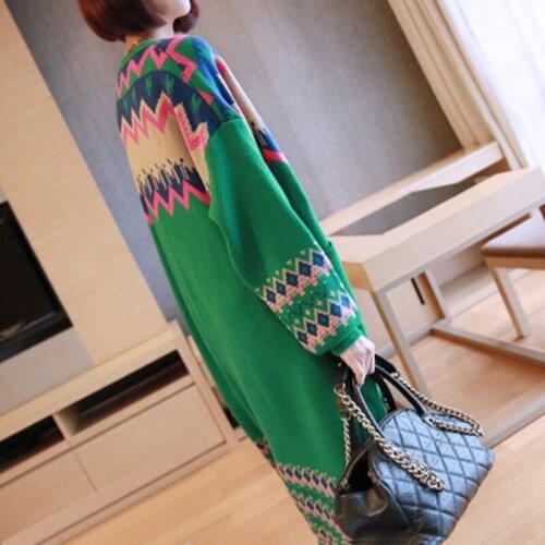 Long Section Ladies Sweater Coat Ethnic 2019 Autumn and Winter Fashion Contrast Color Loose Knit Cardigan Korean Jacket f1582