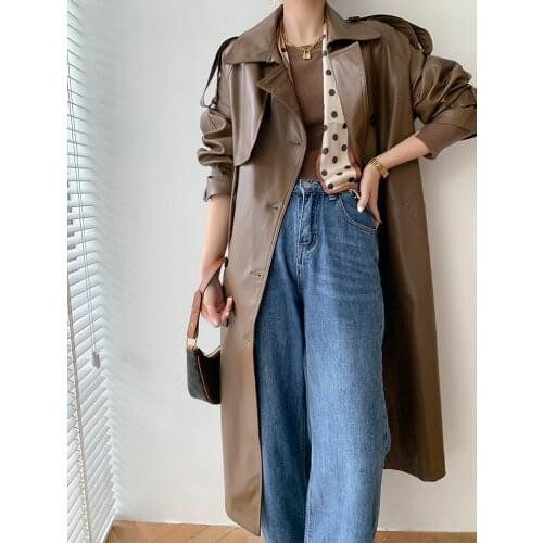 Korea Runway Designer 2021 Fall /Autumn leather Maxi Long Trench Coat With Belt Chic Female Windbreaker Classic