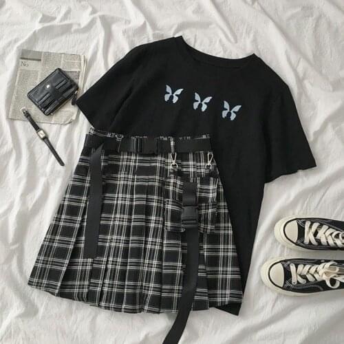 Black Gothic Casual 2 Pieces Skirts Set Women Butterfly Embroidery Short Sleeve T-shirt+High Waist Belt Mini Skirt Matching Set