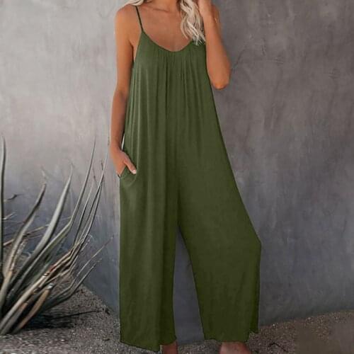 2021 Sling Jumpsuit Women Summer New Solid Color Pocket Casual Jumpsuit Casual Loose Backless Sleeveless Long Rompers