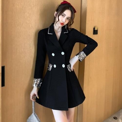 Korean Style Women Elegant Temperament Double Breasted OL Notched Neck Dress Fall New Office Lady Sequins Long Sleeve Mini Dress