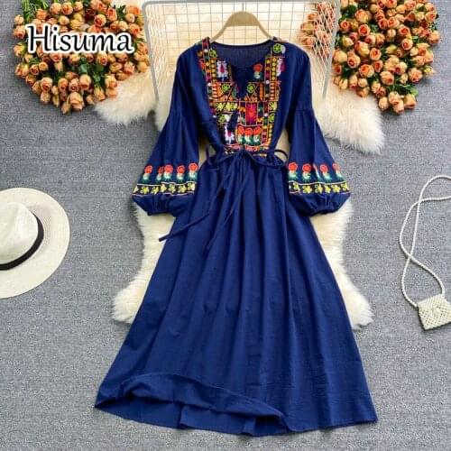 2021 autumn new women O-neck lantern sleeve embroidery cotton with linen A-line dress female Chic elegant lace-up beach dresses