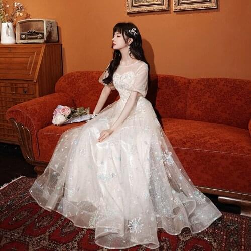 Women Short Sleeve Round Neck Prom Dresses 2021 Elegant Exquisite Sequin A-Line Tulle Formal Party Gown