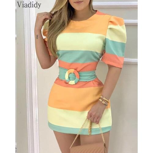 Women Puff Sleeve Striped Casual Half Sleeve Colorblock Bodycon Mini Dress with Belt