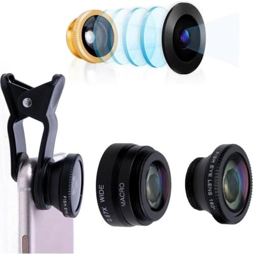 3 in 1 Wide Angle Macro Fisheye Lens Camera Kits Mobile Phone Fish Eye Lenses with Clip 180 degrees for Cell Phone