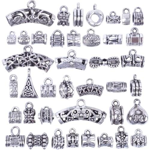 40pcs Antique Tibetan Silver Bail Beads Connector Tube Spacer Beads Hangers for Bracelet Charms Necklace Pendant Jewelry Making