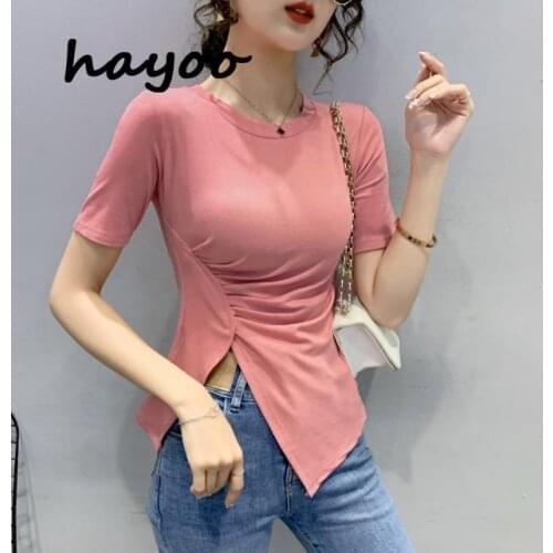 Irregular split top womens clothing 2021 summer new design sense niche close-fitting slimming temperament short-sleeved T-shirt