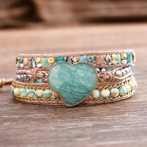 Amazonite Heart Love Bracelets Golden Link Chain Handmade Leather Wrap Bangles