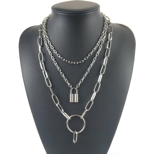 Fashion Multilayer Round Heart Lock Key Chain Necklace Punk Padlock Pendant Necklace Women Girl Gothic Neck Party Jewelry 2020