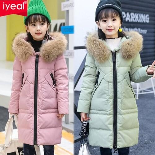IYEAL Girls Winter White Duck Down Children Thickening Warm Down Jackets Long Fur Hooded Kids Down Outerwear Coats -30 Degrees