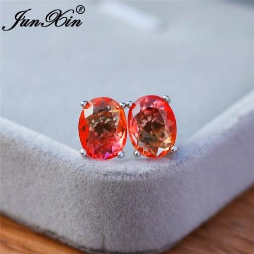 Bicolor Pink Yellow Rainbow Fire Crystal Oval Stud Earrings For Women White Gold Colorful Purple White Zircon Wedding Earrings