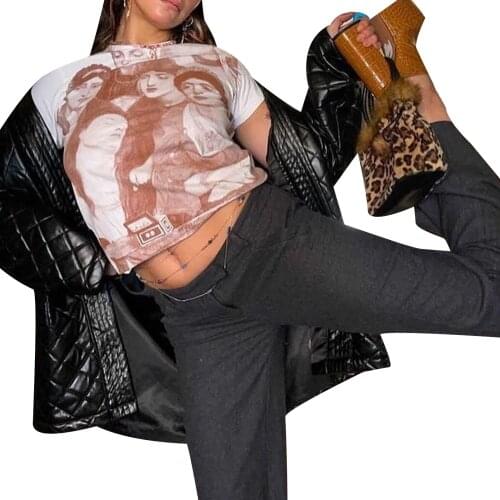 Women’s Summer Short Sleeve T-shirts 90s Aesthetic Fashion Portrait Printing Tees Slim Fit Tops Streetwear Indie Basic Tee Tops