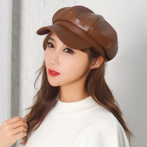 Women PU Leather Newsboy Cap High Quality Fashion Artist Octagonal Beret cap Spring Winter Casual Beret Female Flat Hat
