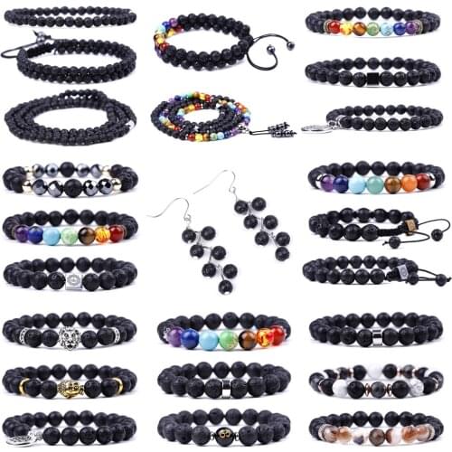 Fashion Natural Stone Faceted Beads Yoga Reiki Healing Volcanic Rock Lava 7 Chakra Bracelets For Women Men Jewelry Gifts