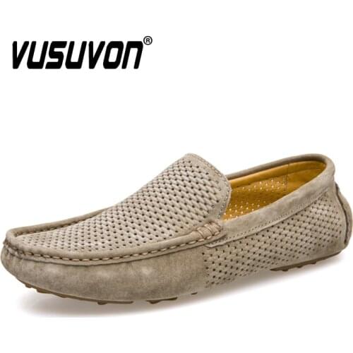 New Men Loafers Summer Casual Shoes With Holes Genuine Leather Slip On Driving Shoes Soft Moccasins Fashion Men Flat Shoe