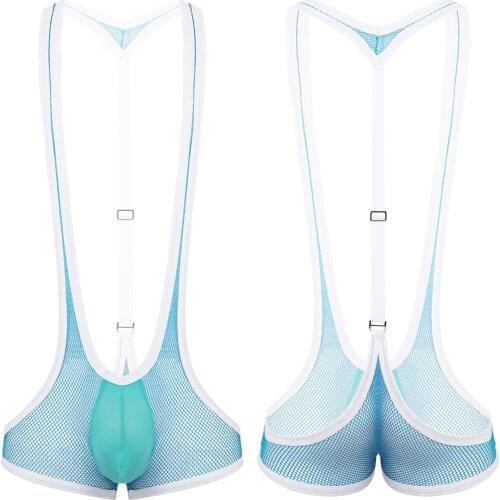 Mens Jockstrap Leotard Underwear Sexy See Through Mens Mesh Fishnet Y-back Suspender Wrestling Singlet Leotard Hipster Bodysuits