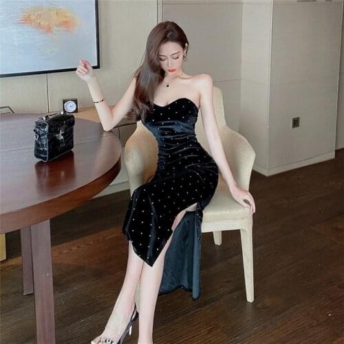 Real Shot 2020 New Fashion Womens Tube Top Velvet Bag Hip Split Bottoming Dress