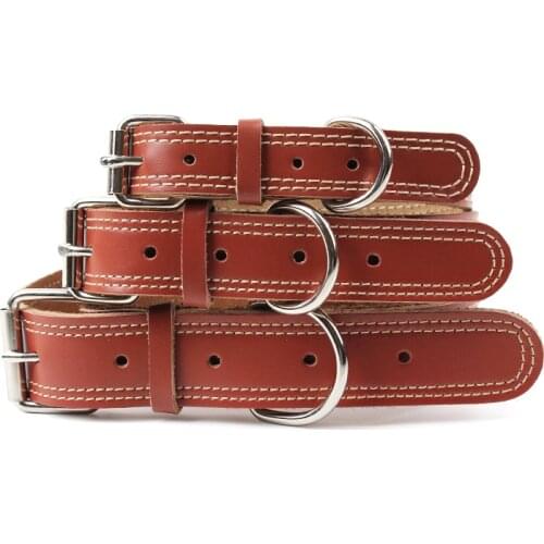 Genuine Cow Pet Dog Collar Brown Leather Double Lines Medium Large Dog Collars Neck Buckle