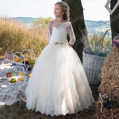 Amaya Three Quarter Sleeves Flower Girl Dresses for Weddings Net Lace Appliques First Communion Gowns Kids Prom Christmas Dress