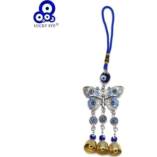 Lucky Eye Blue Turkish Evil Eye Bead Alloy Butterfly Pendant Wall Hanging Wind Chimes Decoration for Home Living Room Car BE208