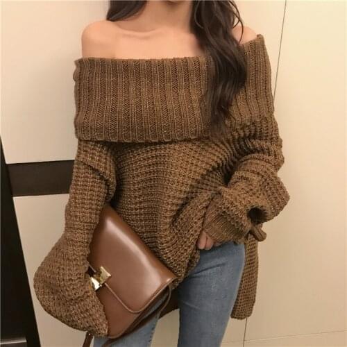Knitted Solid Vintage Elegant Pullovers Women Lazy Warm Autumn Winter Sweater Korean Strapless Loose One Shoulder Jumpers W209