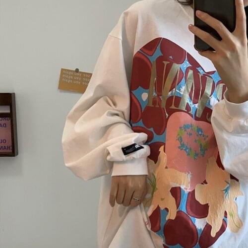 Early Autumn European and American-Style Heart Printing Long-Sleeved Womens Korean-Style Oversize Casual
